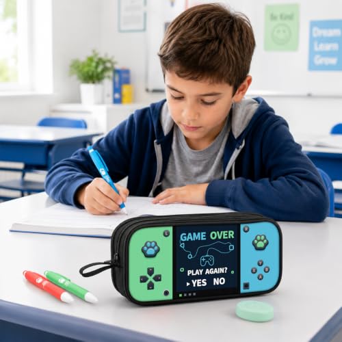 Game Controller Pencil Case for Boys Kids Teens, Large Capacity Pencil Pouch with 3 Compartments, 7 Pockets and Label Pocket for School College Office Travel (Green & Blue) - color: Blue&Green
