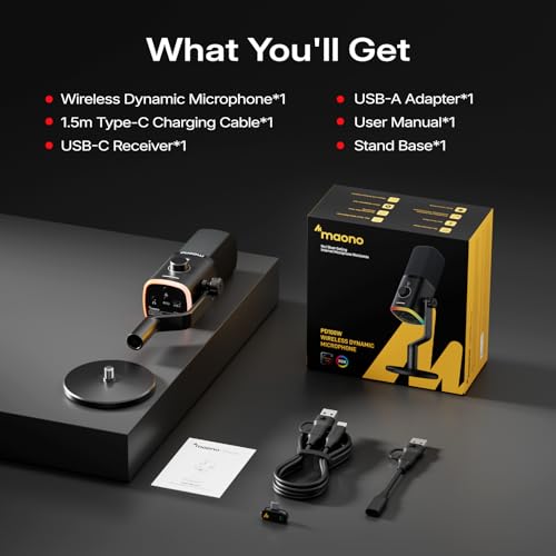 MAONO PD100W Wireless USB Dynamic Microphone, Gaming PC Mic with One-Click Noise Reduction,Mute Button,Custom RGB,3.5mm Headphone Jack,Software, Podcast Streaming Mic (Desktop(USB-C Receiver), Black) - color: Black