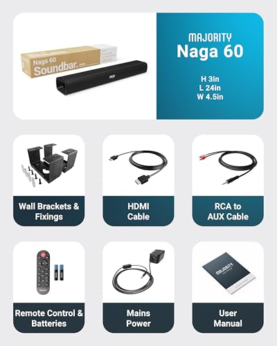 Majority Bluetooth 120W TV Sound Bar for Smart TV, 24 Inch, 2.1 Channel, 3D Sound with Built-in Subwoofer | EQ Control, HDMI Arc, Optical, AUX, Remote, and Wall Mountable Naga 60 Soundbar for TV