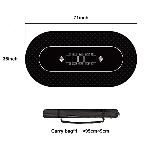 YUZPKRSI 70 x 35 Inch Poker Mat, 8 Players Texas Hold'em Poker Rubber Mat Poker Topper for Tables, Folding Portable Poker Table Top Layout w/Carrying Bag for Poker Games, Blackjack, Casino - color: 70 X 35 Inch-oval Black
