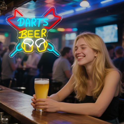 Beer Neon Sign, Darts Beer Led Neon Light Sign for Bar Dart Room Wall Decor Dimmable Dart Light Up Sign for Man Cave Home Bar Pub Club Party Decoration Gift for Men Husband USB Powered(14.2"*13.4") - style: Beer-1