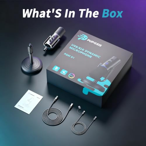PUPGSIS Podcast Dynamic Microphone, XLR/USB Recording PC Microphones for Broadcast, Podcast, Recording, Gaming & Streaming, Studio Mic with Mute, Headphone Jack, Monitoring Volume Control, Windscreen - size: With Desk Stand
