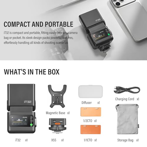 Godox IT32 TTL Mini Flash with X5S Trigger for Sony Camera | 2-in-1 Magnetic Hot Shoe & Flash Trigger Kit, 2.4G HSS GN18 Speedlight, Colorful Touch Screen, LED Modeling Lamp & Diffuser