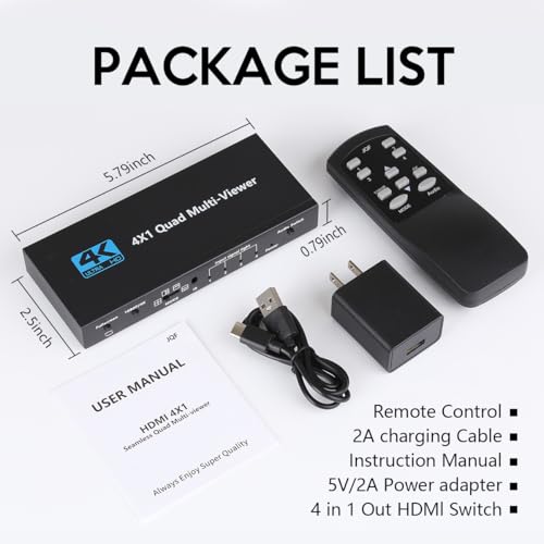 HDMI Multiviewer Switch 4x1 Quad Multi-Viewer 4 in 1 Out Seamless Switching with Remote Control Support 1080P/4K and 5 Display Modes for Security Camera, Gaming Consoles