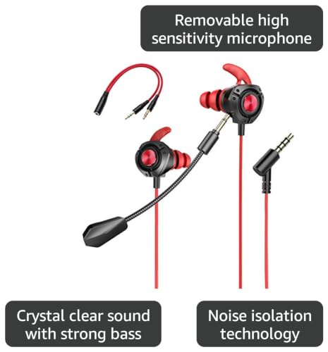 Gaming Earbuds with Microphone,Stereo Headphones Deep Bass Earphones Sport Earbuds Wired Detachable Noise Cancelling Gaming Headset for Mobile Games Phones PC PS4 Xbox One PlayStation 5-Black