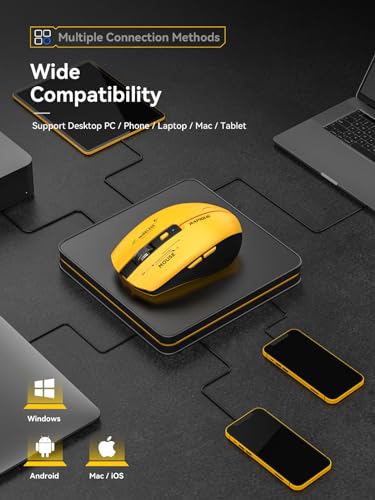 RAPIQUE Bluetooth Wireless Mouse - (BT1/BT2+USB Receiver) Tri-Device Compatibility for PC, Laptop, Computer, MacBook, Tablet (Black and Yellow) | 3-Device Switching, USB-C Rechargeable, Quiet Clicks, 800/1200/1600 DPI, 6 Buttons, Ergonomic Grip, For Lapto