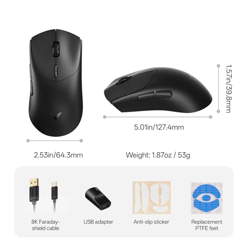Rapoo VT7 Wireless Gaming Mouse, True 8K Wireless Polling Rate, 53g Lightweight, Up to 750 Hr Battery, Nordic nRF54L15 MCU, 100-Million Mechanical Switch, 10 Programmable Buttons, Black - color: Black