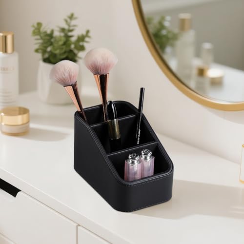 PU Leather Remote Control Holder, Small Desk Organizer Office Supply Bedside Caddy for Nightstand End Table Couch, Pen Remote Organizer with 3 Compartments (Black) - color: Black