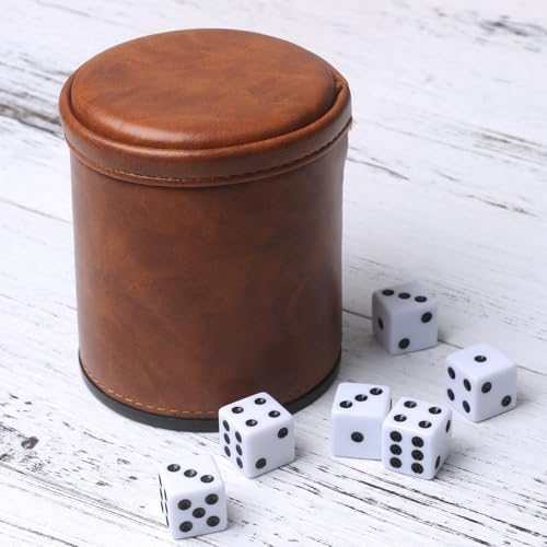 Brown PU Leather Dice Cup Set, Felt Lined Dice Shaker with 6 Dice for Liars Farkle Yahtzee Game - color: Patterned Brown