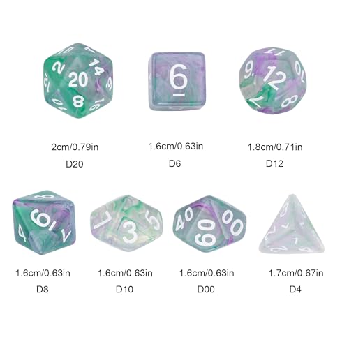 7-Die DND Dice Set Polyhedral Dice Set with a Leather Dice Bag, D&D Dice Set for RPG Table Games (Transparent Green Mix Purple) - color: Green Mix Purple