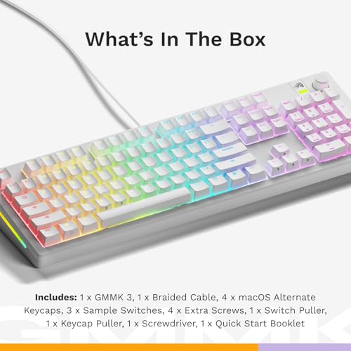 Glorious Gaming - GMMK 3 Custom Mechanical Gaming Keyboard with Knob, 100% Keyboard Full Size, Modular Gasket System, Doubleshot PBT Keycaps, Aluminum Switch Plate, Hotswappable Switches, ANSI (White)