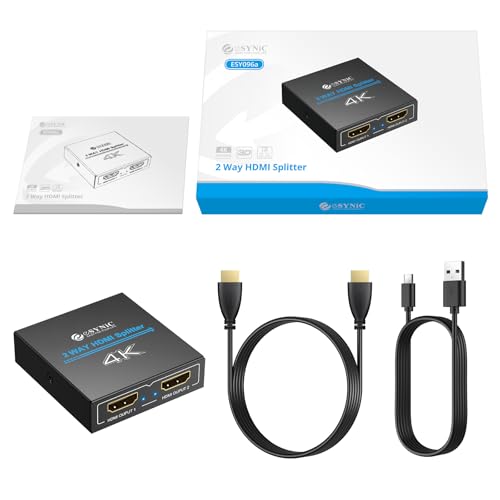 eSynic 4K@30Hz HDMI Splitter 1x2-1 in 2 Out HDMI Splitter for Dual Monitors-Plug & Play-Supports1080P 3D HDCP Bypass – for PS4/PS5, Projector, PC, TV, Office Conference -Only Mirror No Extend Mode - size: 1 In 2 Out