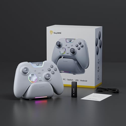 EasySMX X05Pro Wireless PC Gaming Controller with Smart Charging Dock – Full Quiet Buttons, Dual-Stage Linear Triggers, 8-Way D-Pad, Programmable Buttons, Hall Effect Joysticks, 1000mAh Long Battery Life, 1000Hz Polling Rate, Compatible with PC/Switch/And