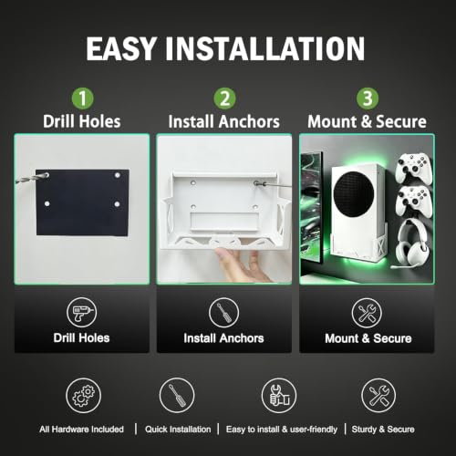 GETYEA Wall Mount for Xbox Series S with Detachable 2 Controller Holder & Headphone Hanger, Space Saving,Mount on Near or Behind Your TV(Not for Xbox ONE S)