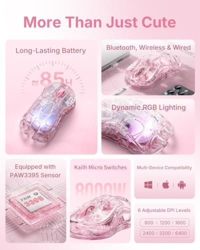 GravaStar Mercury M2 Wireless Gaming Mouse with 26,000 DPI, PAW3395DM Sensor -79g Lightweight Hollowed-Out Design -5 Programmable Buttons -5 Dynamic Lightsync RGB (Crystal Rose) - color: Pink