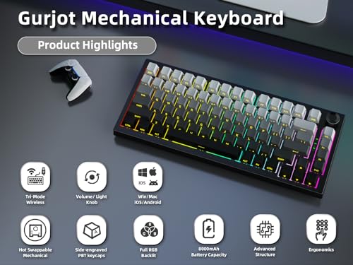 Gurjot Wireless Mechanical Keyboard, 75% Hot Swappable Custom Keyboard with Knob,PBT Keycaps,BT5.0/2.4GHz/USB-C,RGB Backlit, Mechanical Gaming Keyboards for PC/Tablet/PS/Xbox - color: Black gradient gray