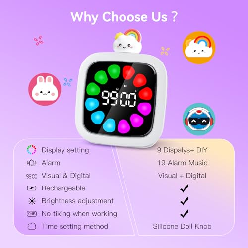Yunbaoit Digital Visual Timer for Kids, Rechargeable 99-Minute Silent Countdown Timer with 19 Ringtones, 9 Optional DIY Color Petal Display, Time Management Tool with Pause Function (3 Dolls) - style: 3 Dolls