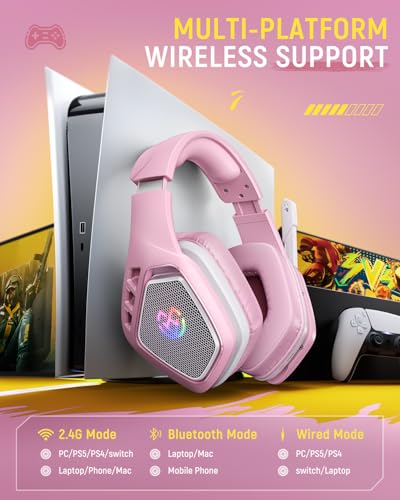 Tatybo Wireless Gaming Headset with Mic, 7.1 Sound 50mm Driver, White Pink | 3-mode 2.4G/BT 5.3/USB-C; 30H battery; low latency for PS5/PS4/PC/Switch/Laptop/Mobile - color: White Pink