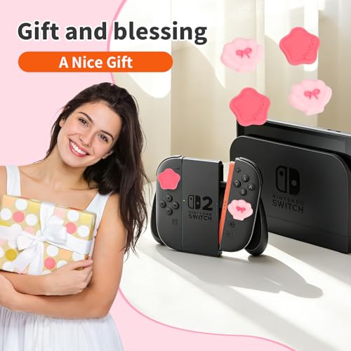 PERFECTSIGHT Cute Switch 2 Joycon Thumb Grips Caps, 4 PCS Switch2 Kawaii 3D Silicone Analog Thumbstick Button Cover for NS Switch 2 Joystick Caps, Pink Shell+Star - color: Pink Shell+Star