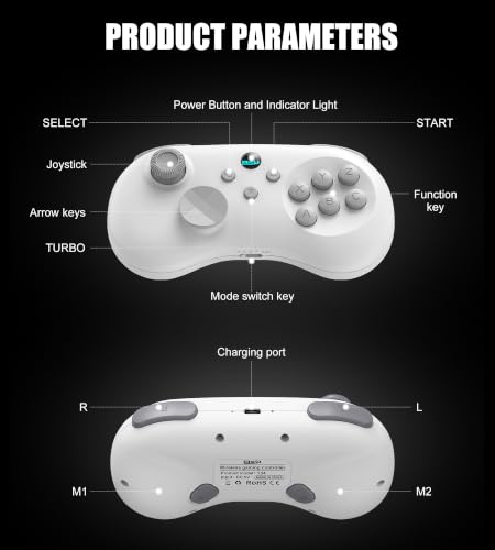 Wireless Fighting Controller for iOS/Android/Switch/PS4/PS3/PC, 6-Button Layout Bluetooth Controllers Retro Gamepad with Hall Joystick/Hall Trigger/Turbo/Programming Key for SEGA’s Classic Games, White - color: White