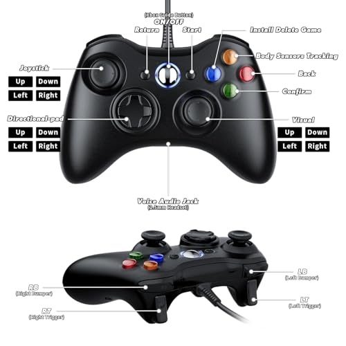 Dinosoo 2 Pack Wired Xbox 360 Controller – Upgraded Joystick, Double Shock, Voice Function – Compatible with Microsoft Xbox 360 & Slim/PC – Black - color: Black