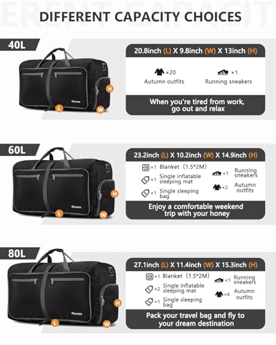 Gonex Large Foldable Travel Duffle Bag with Shoes Compartment, Packable Lightweight Water Repellent Duffel Bag for Camping Gym Weekender Bag - color: Black, size: 40L