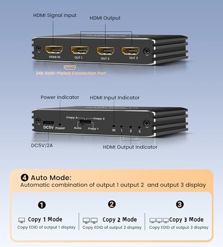 avedio Links HDMI 2.1 Splitter 8K@60Hz 1 in 3 Out 4K@120Hz, 1×3 HDMI Splitter for Multiple Monitors(Only Copy Input Screen), Hdmi Splitters for Gaming Support 48Gbps, HDCP 2.3, RGB 4:4:4
