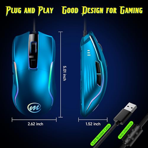 memzuoix Wired Gaming Mouse with RGB - 6 Adjustable DPI up to 12800, 6 Buttons, 12 Lighting Modes, Ergonomic Design with Anti-Slip Rubber Wheel, 5.6ft Braided Cable for PC/Mac/Windows - Blue - color: blue