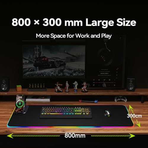 Wireless Charging RGB Mouse Pad 3-in-1, 800×300mm Extended Desk Mat, Fast Charging for Phone, Earbuds and Watch, Large Gaming Mouse Pad with LED Lighting