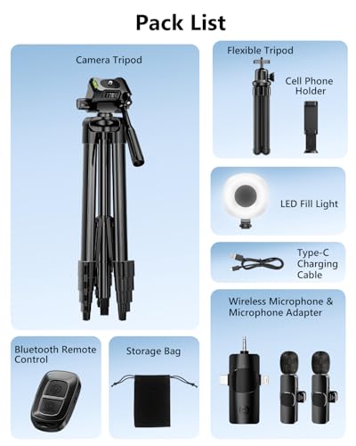 UBeesize Vlogging Kit for Phone with 2 Wireless Mics, 2 Tripods & LED Light | Content Creator Essentials, 64" Tripod, Flexible Tripod, 2 Lavalier Mics, LED Fill Light, Phone Holder & Bluetooth Remote