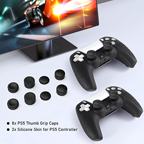 PS5 Controller Skin, Anti-Slip Soft Silicone Protective Cover Case for PlayStation 5 Controller Grip Accessories, 2 Pack with 8 x Thumb Grip Caps (Black&Black) - color: Black&Black