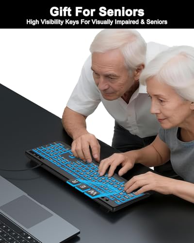 EDJO Large Print Backlit Wired Keyboard,7-Colors Backlight | Full Size ,Oversize Letters Light Up Keys,Compatible for Windows, Laptop, PC