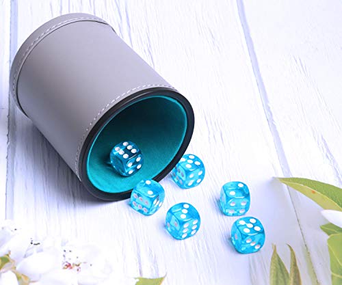 Dice Cup Set PU Leather and Felt-Lined, Quiet Shaking for Yahtzee Farkle Liars Dice Games, Includes Six 16mm Regular Dice - color: Lake Grey