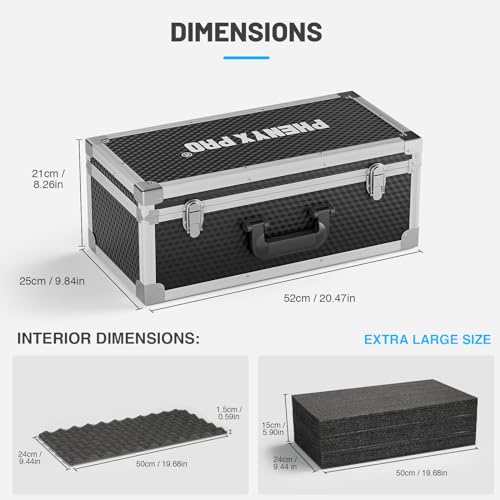 Phenyx Pro Extra Large Size Carrying Case, Customizable Pre-Diced Foam, Aluminum Alloy Sturdy Build, Suitable for Wireless Mic System Storage & Camera Gear Transportation - size: Extra Large (20.4×10.2×7.9 Inch)