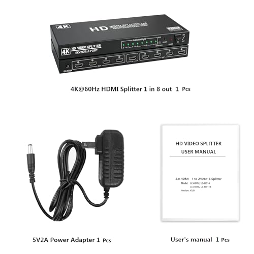 4K@60Hz 1x8 HDMI Splitter 4:4:4,18 Gbps,8 Port Powered HDMI 2.0 Splitter1 in 8 Out Support Auto Down Scaler, 4K 1080P Sync, HDR10,3D, HDCP 2.2,Only Duplication/Mirror Screens (Not Extend) for HDTV/PS5 - size: 4K@60Hz 1x8 splitter