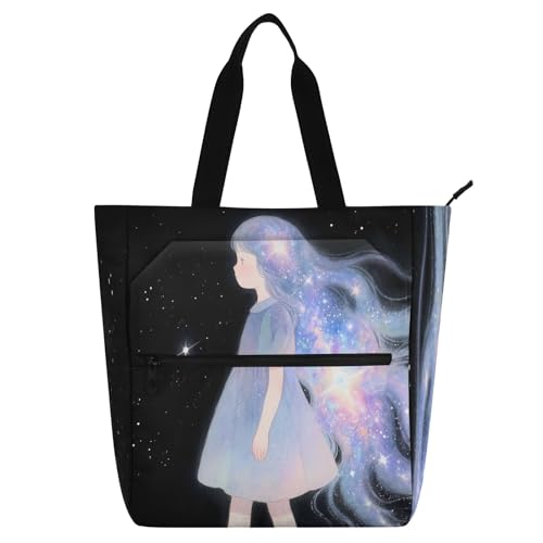 Waterproof Piano Bag for Lessons Cat Flower Crown Music Tote with Zipper Pockets for Sheet Music & Books - color: Character With Galaxy Hair Dark