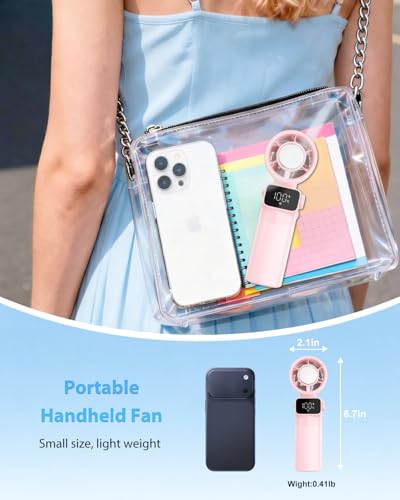 Ouddy Mode Portable Handheld Pink Fan Rechargeable, Ice Cooling Foldable Personal Fan, Up to 13Hrs Turbo Pocket Hand Held Fans for Travel, Camping, Hiking, Beach, Office, Outdoor - color: Pink