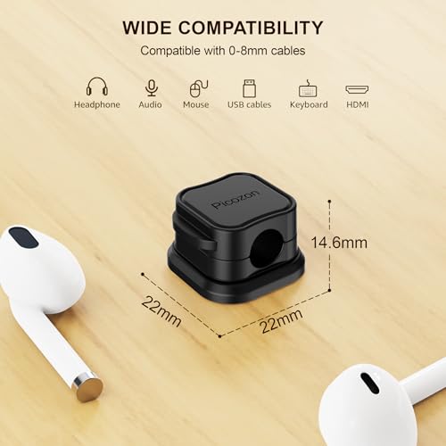12 Pack Magnetic Cable Clip Organizer Cord Holder, Picozon Adhesive Cable Management, Wire Phone USB Charger Cable Holder, Keeper Organizer for Office Home Desktop Table - Black - size: Pack of 12