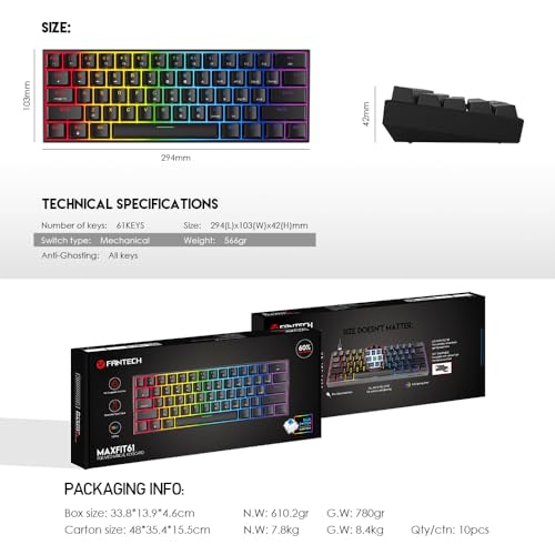 FANTECH Maxfit61 RGB 60% Gaming Keyboard - Hot Swappable Blue Switches, Black - color: BlueSW(Clicky)-Black