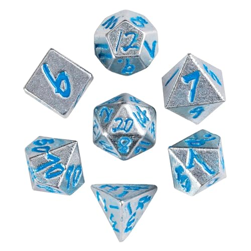 Mini Dice Set with Rune Keychain Case,7PCS Polyhedral Metal Dice Set for DND Role Playing Games(Silver/Silver Blue) - color: Silver/Silver Blue
