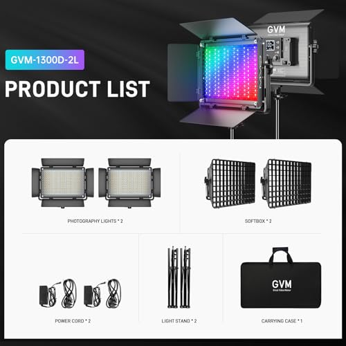 GVM 1300D RGB Video Light with Softbox, 65W LED Video Lighting Kit, 25000lux/0.5m, 360° Full Color Photography Lighting Kit, 2 Packs Led Panel Light for YouTube, Web Conference, Streaming - size: 1300D - 2 Pack