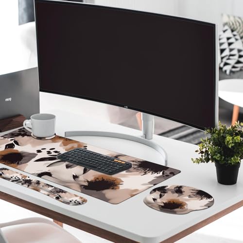 Britimes Brown Boho Tribal Flower Keyboard Mouse Pad Set 4in1 Large Mousepad+Keyboard Wrist Rest+Mouse Wrist Rest+Coaster Set with Ergonomic Design for Home Office Computer 35.4x15.7 inches - color: Brown Boho Flower