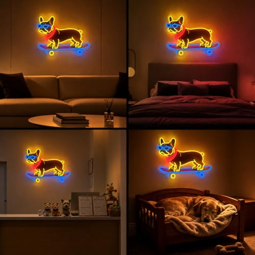 French Bulldog Skateboarding Neon Sign, Skateboard Dog Frenchie Wearing Glasses Neon Signs | Dimmable LED Bulldog Wall Art Decor | Frenchie Dog Lover Gifts - color: French Bulldog