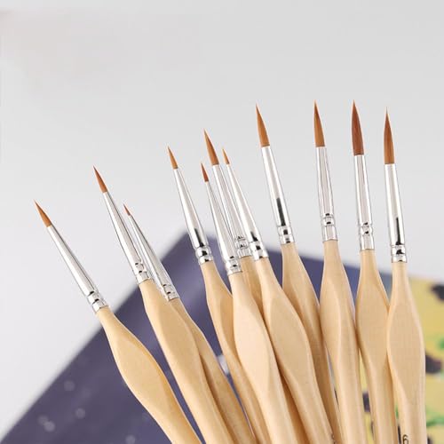 10pcs Wood Detail Paint Brushes Set Miniature Brushes with Triangular Handles for Fine Detailing & Art Painting - Acrylic, Watercolor, Oil, Models