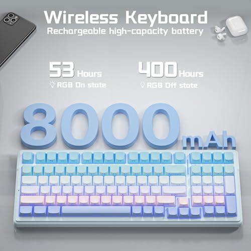 Aula F99 Wireless Mechanical Keyboard, Gasket Hot Swappable, Side Printed PBT Keycaps, RGB Backlit, Creamy Cute Sound Computer Gaming Keyboards, Tri-Mode BT/2.4GHz/USB-C Gaming Keyboard for PC/Tablet - color: Blue Purple