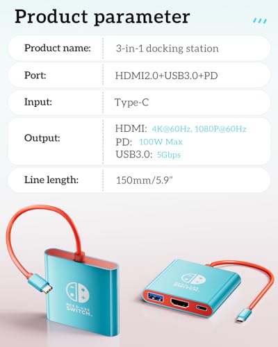 Portable TV Adapter Dock Station for Nintend0 Switch/Steam Deck/MaBook | 4K60Hz TV dock for Switch/Steam Deck, 3-in-1 (HDM1+PD+USB), compact travel-ready, plug&play, also works with laptops/phones