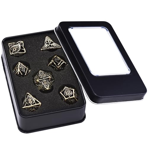 AUSTOR Metal DND Dice Set 7 Pieces Leaf DND Dice Hollow Polyhedral Dice D20 D12 D10 D% D8 D6 D4 Metal Dice with Metal Box for Dungeons & Dragons RPG Board Games (Antique Bronze) - color: Antique Bronze