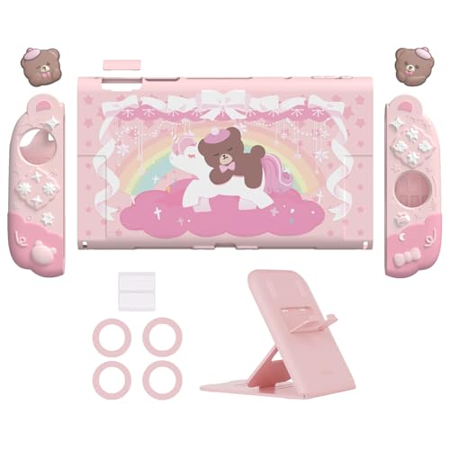 PlayVital Good Night Bear Dockable Case for Nintendo Switch 2 with Stand | Split Design Silicone Joycon Grips, PC Console Hard Shell, 2 Joystick Caps | Cute Protective Cover Bundle – Pink - color: Pink
