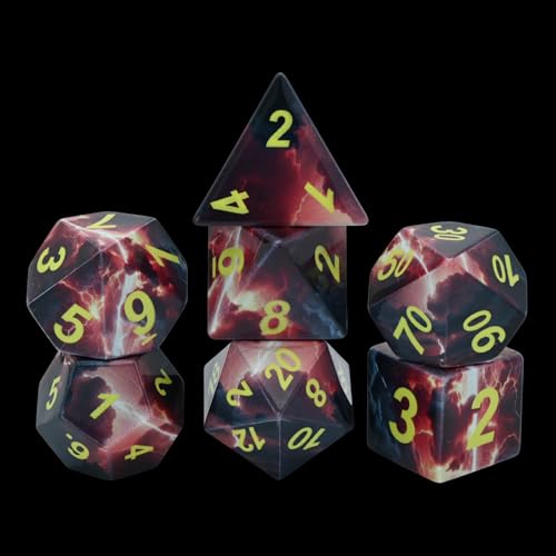 7-Piece Resin Dice Set with Lightning and Volcano Designs - Red and Black Printed Polyhedral Dice for Tabletop RPGs, Board Games, and Gaming Gifts(Lightning Volcano) - style: Lightning Volcano