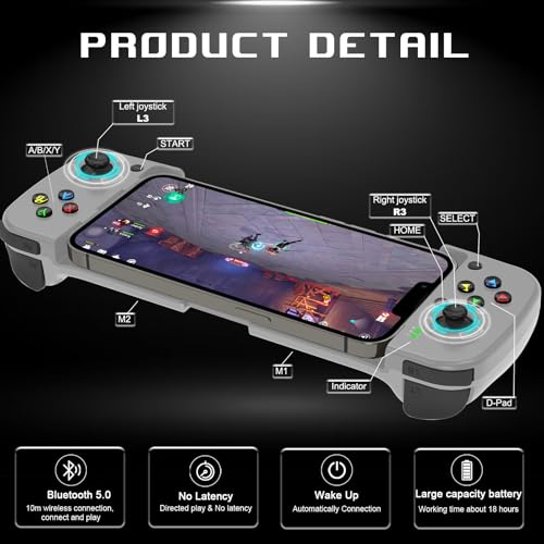 arVin Bluetooth 5.0 Wireless Gaming Controller for iPhone/iPad/iOS/Android/Samsung/PC Gamepad Joystick with Back Button, Analog Triggers, Stretchable, 18 Hours Playtime - color: Grey